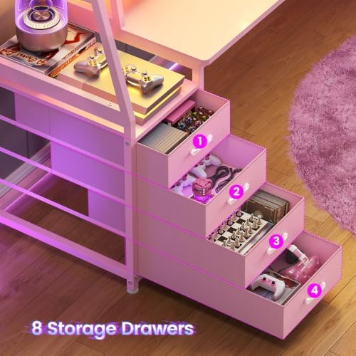SEDETA 79'' Gaming Desk with LED Lights,8 Drawers and Storage Shelves, Pink - Image 6
