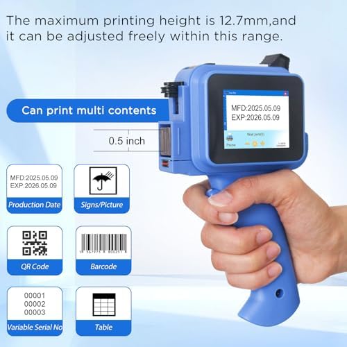 Handheld Inkjet Printer with 42ml Quick-Drying Ink Cartridge, 0.5 Inch Nozzle Ink Jet Coding Machine for EXP Date/Batch Number/QR Code/Barcode/Logo/Text (ZM-C12mini) (Blue) - Image 3