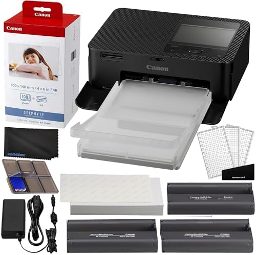 Canon Selphy CP1500 Wireless Compact Photo Printer (Black) Bundle with KP-108IN Color Ink Paper Set (108 Sheets of 4x6 Paper + 3 Ink Cartridges) + 6-Slot Memory Card Holder + More by Unknown