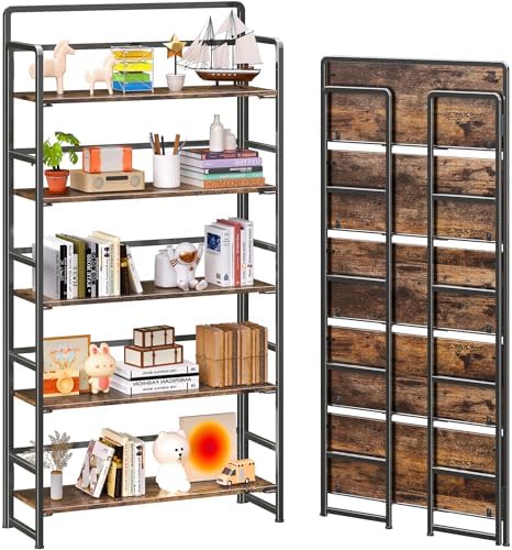 4NM No Assembly Extra Wide 5 Tier Folding Bookshelf Tall Storage Shelves Vintage Bookcase Standing Racks Study Organizer Home Office by 4NM