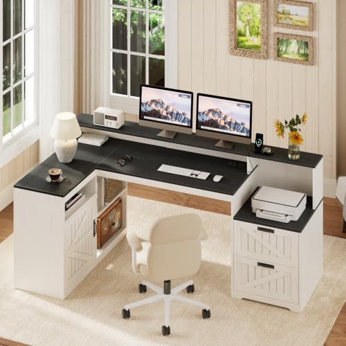 63" Farmhouse L Shaped Desk with Drawers and Printer Stand for Home Office - Image 3