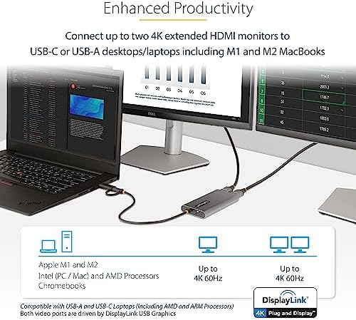 StarTech USB-C & USB-A to Dual HDMI Adapter, 2X 4K 60Hz, DisplayLink, TAA - Image 2