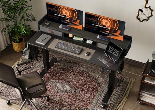 Claiks Standing Desk with Drawers & Wheels, 2 Height Shelf 63" Black - Image 2