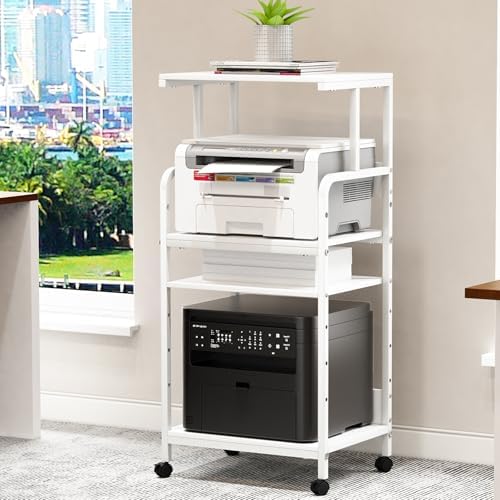 Arbuxzuy 4-Tier Printer Stand with Storage Shelf, Mobile Printer Table for Home Office, Adjustable Stand for Printer, Scanner, Fax (White) by Arbuxzuy