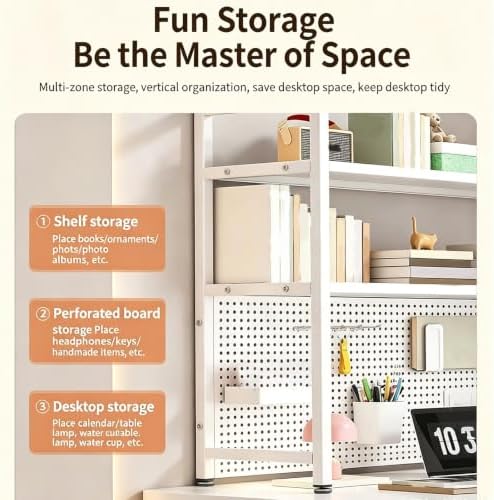 Hole-Board Desktop Bookshelf, DIY Adjustable Storage Iron Frame Hole-Board Desk Shelf Organizer, Freestanding No Drill Design for Student Dorm Office Gaming Desktop - Image 4