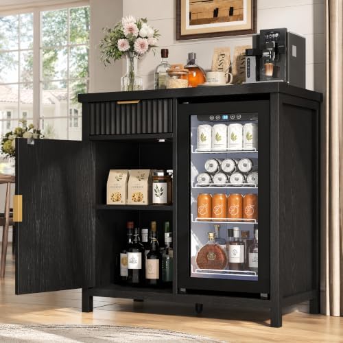 Mini Fridge Cabinet, 39.3" Fluted Coffee Bar with Mini Fridge Space, Black by KNOWORLD