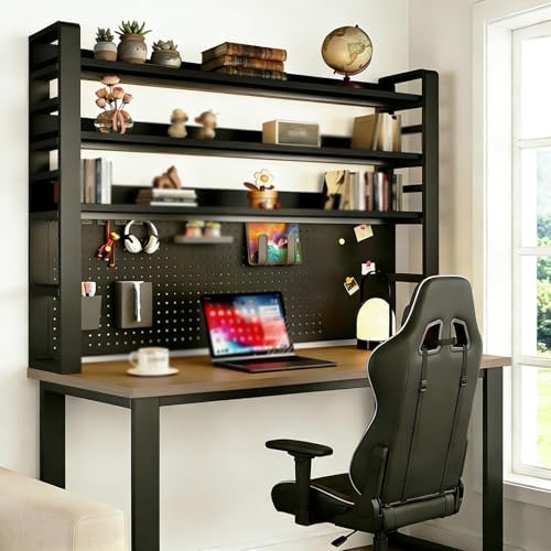 2/3/4 Tier Desk Hutch, Freestanding Desktop Bookshelf, Metal Desk Shelf with Pegboard, Desk Shelves for Top, for Dorm Office and Home(Black+Black,61 * 9 * 49in) by ZUGIATP