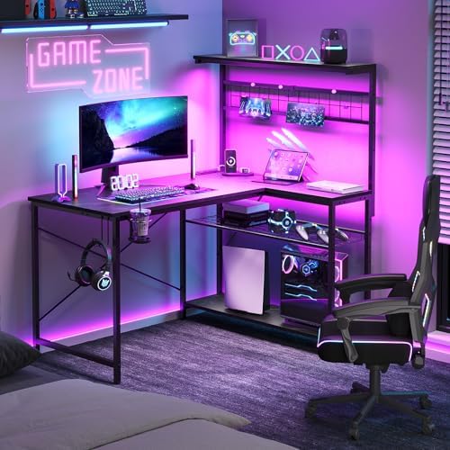 Bestier 42 Corner Computer Desk with Power Outlets LED Lights, Black Marble - Image 2
