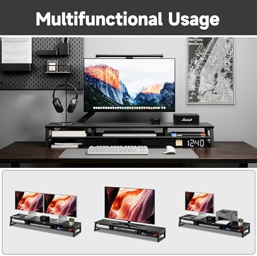 Dual Monitor Stand Riser for Desk, 41.7 Inch Large 2 Tier Computer Monitor Stand for 2 Monitors, Desktop Storage Organizer Shelf with Keyboard Space for Laptop PC Printer, Black - Image 5