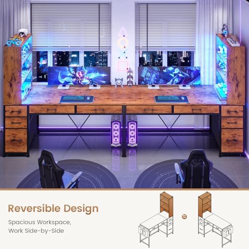 SEDETA Computer Desk with 5 Drawers and Bookshelf, Reversible Home Office Desk with Storage Shelves and File Drawer, Gaming Corner Desk with LED Lights for Small Spaces, Rustic Brown - Image 4