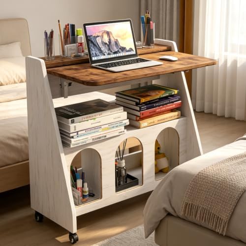 Portable Desk on Wheels, Farmhouse Rolling Computer Desk, Mobile Workstation Rolling Laptop Cart with Storage and Wheels for Home Office Small Space(Rustic Brown) - Image 3