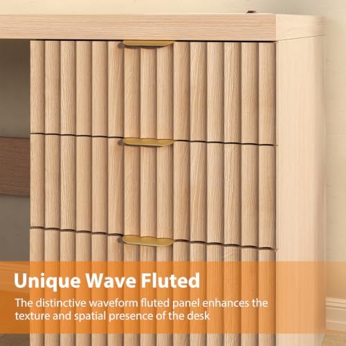 60" Fluted Executive Desk with Ample File Drawer & Large Charging Station, Wood Modern Home Office Desk with Storage, Computer Writing Desk for Work, Living Room, Bedroom, Durable & Sturdy, Natural - Image 6