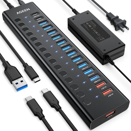 Powered USB Hub, AGEEN 16-Port USB 3.2 Hub (14 USB-A+2 USB-C), 10Gbps by AGEEN