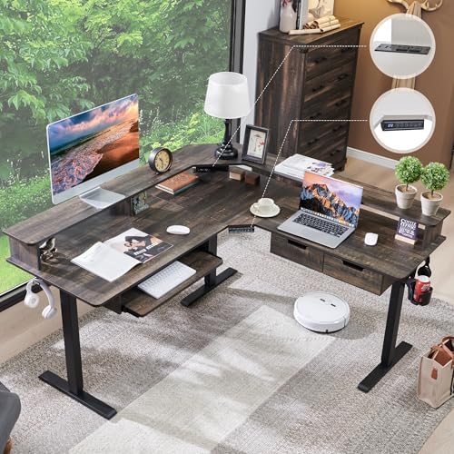 RedLemon 60 Inches L Shaped Electric Standing Desk, Dark Rustic Oak by REDLEMON
