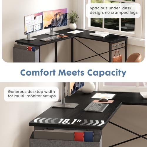 DUMOS L Shaped Computer Corner Desk with PC Stand, Black - Image 5