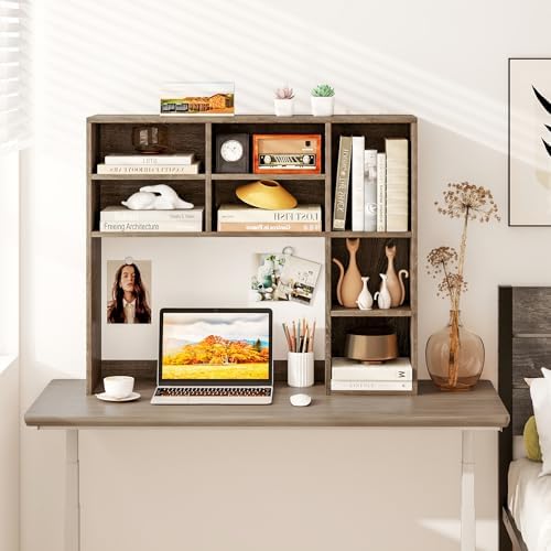 LDAILY Desktop Bookshelf, 37’’ Wood Desk Shelf with 7 Cubes & 3 Adjustable Shelves, 3-Tier Desk Display Rack, Desk Hutch for Dorm College Office Computer Monitor Up to 27’’ (Grey Oak, 7 Shelves) by LDAILY
