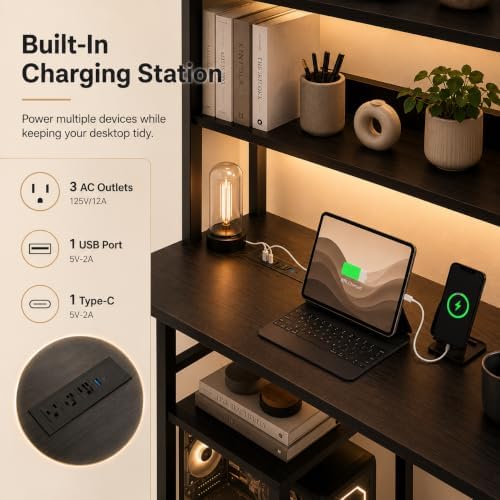 HealSmart L Shaped Desk Gaming Desk with LED Light & Power Outlet, 53 Inch Reversible Computer Table with Shelf & Storage Shelves & Hook, Corner Desk for Home Office, Black - Image 6