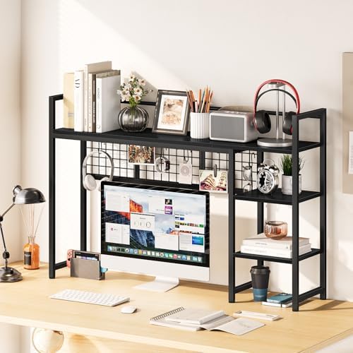 Snughome Desk Shelf, 44.9" Desktop Organizer Shelf, Desk Hutch for Computer Monitor, 4 Tier Desk Display Rack with Pegboard Hooks Set, Wood Desktop Bookshelf for Home Office Dorm - Image 2