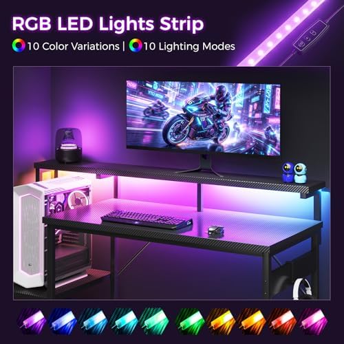 AODK 48 Inch Gaming Desk with LED Lights & CPU Stand, Carbon Fiber Black - Image 4