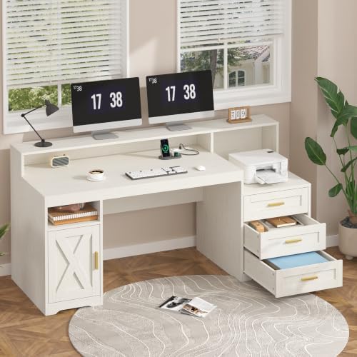 TVU 65" White Computer Desk with Drawers and Printer Stand for Home Office - Image 3