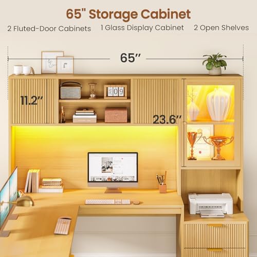 SEDETA 67" x 65" L Shaped Desk with Hutch, RGB LED Corner Computer Desk with Power Outlets, Fluted Home Office Desk with File Drawer, Storage Cabinet & Glass Display Cabinet for Gaming & Working, Oak - Image 4