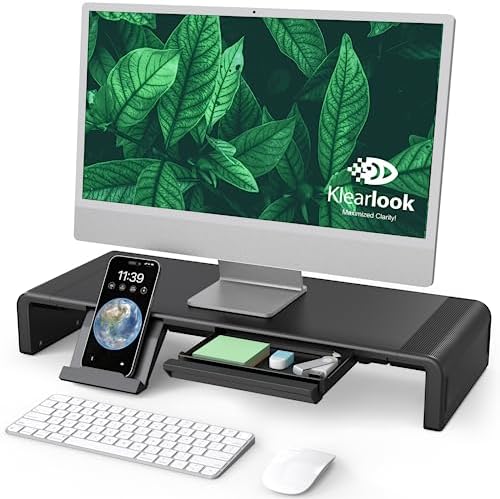 Klearlook Computer Monitor Stand for Desk, Adjustable Foldable Monitor Riser with Storage Drawer & Tablet Phone Holder for Office, Home, Laptop, Desktop (Black 2 Pack) by KlearlookMaximizedClarity