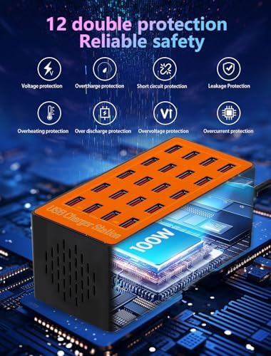 USB Charging Station,100W 20-Port Multi Smart Safety Fast Charger Station for Phone Tablet Watch Headphone PS, Compact Desktop Charger Home Office Travel - Image 5