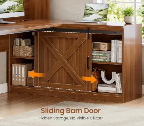 SEDETA 55” Farmhouse L Shaped Desk with 4 Drawers, Hutch, Corner Computer Desk with Storage Drawers, L Shaped Gaming Desk with LED Light and Power Outlet for Home Office, Brown - Image 5