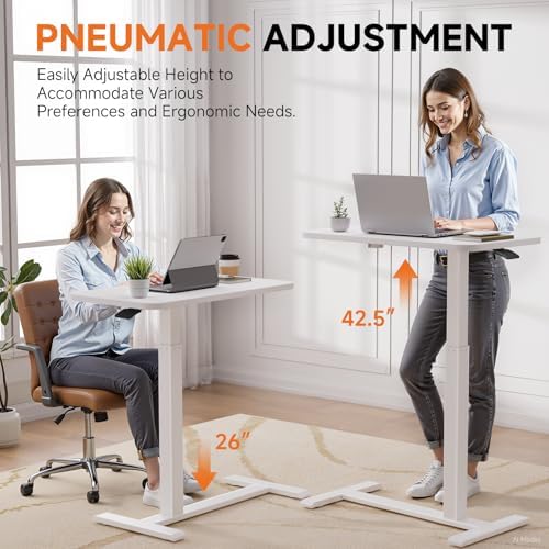 GTPLAYER Small Standing Desk with Hidden Wheels, Pneumatic Mobile Rolling Laptop Desk, Adjustable Height Overbed Bedside Table Computer Workstation for Home Office (32" W x 16" D, Pure White) - Image 4