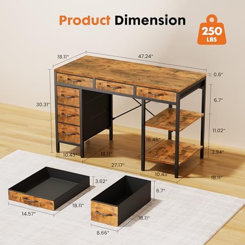 Sweetcrispy 47" Computer Desk with 6 Fabric Drawers & Storage Shelves - Image 3