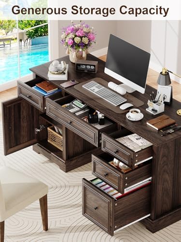 Vipbear 60" Farmhouse Executive Desk with Drawers and Cabinet, Embossed Texture Wood Home Office Desk, Rustic Computer Writing Desk, Workspace for Work Study Writing - Image 3