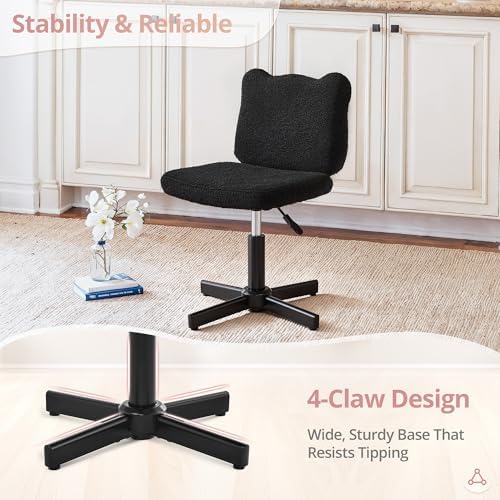 LUE BONA Cute Bear Ear Vanity Chair for Teen Girls - Height Adjustable 13.8"-18.9" Swivel Stool with Back Support, Teddy Velvet Makeup Ottoman, 300lbs, Black - Image 4
