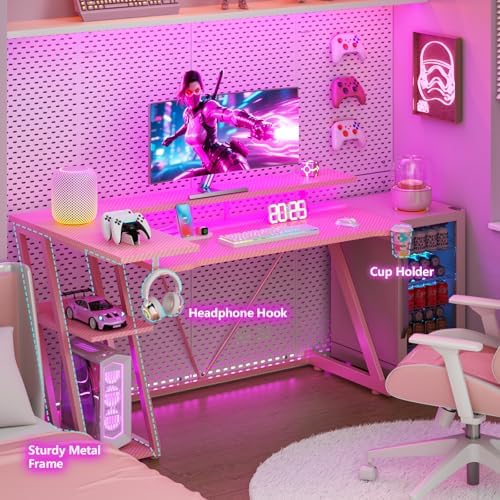 Korfile 55 Inch Pink Gaming Desk with Power Outlet & LED Lights, Corner Computer Desk with 3 Tiers Storage Shelves, L Shaped Gaming Desk with Monitor Stand for Bedroom - Image 6