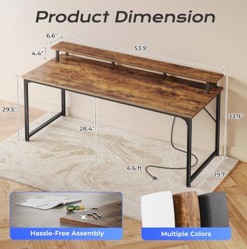 PRAISUN 55 inch Gaming Desk, LED & Outlets, Monitor Stand, Rustic Brown - Image 3