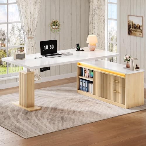 YITAHOME L Shaped Standing Desk with Power Outlets & LED Lights, 63" Electric Standing Desk Adjustable Height Sit Stand Corner Standing Desks with Drawers & Sliding Door, High-Gloss White+Natural Oak - Image 2