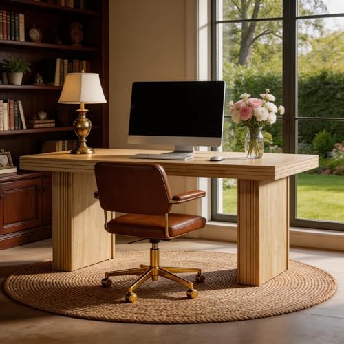 Tribesigns Modern Office Desk, Home Office Table with Wide Fluted Legs, Modern Desk for Home Office, Natural - Image 6