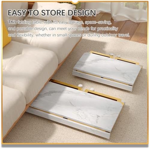 4NM No Tool Assembly 23.6" Small Desk, Folding Portable Desk with Wheels, Adjustable Height Foldable Computer Home Office Desks, Collapsible Study Writing Table for Space Saving Bedroom - White Gold - Image 4