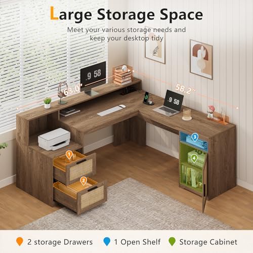 63" Rattan L Shaped Desk with Drawers & Printer Shelf for Home Office - Image 4