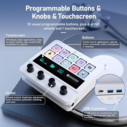 AJAZZ Macro Keypad Stream Controller Deck Gaming Streaming Shortcut Keyboard, 10-Key LCD Programmable Visual AI Touchpad with 4 Rotary Knobs for YouTube, Desk Office Setup, Laptop, PC, Mac - Image 3