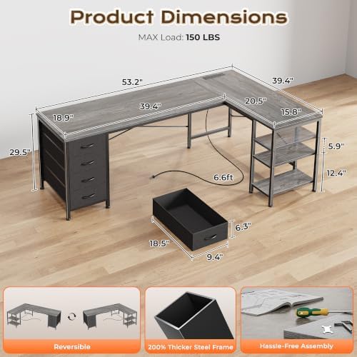 Huuger 55 Inch L Shaped Desk with Fabric Drawers, Reversible Computer Gaming Desk with Power Outlets and USB-C Port, Adjustable Side Storage Shelves, for Work Study Corner Home Office, Grey,1CD078H - Image 3