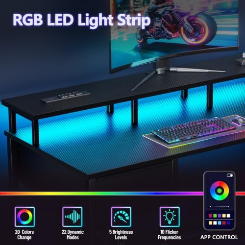 Korfile 47 Inch Computer Gaming Desk with Power Outlets & LED Lights Reversible Home Office Desk with Adjustable 5 Fabric Storage Drawers for Working Writing Study, Carbon Fiber Black - Image 4