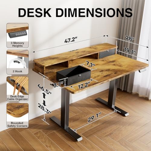 Veken 47x28 in Electric Standing Desk with Drawers, Adjustable Table, Brown - Image 3
