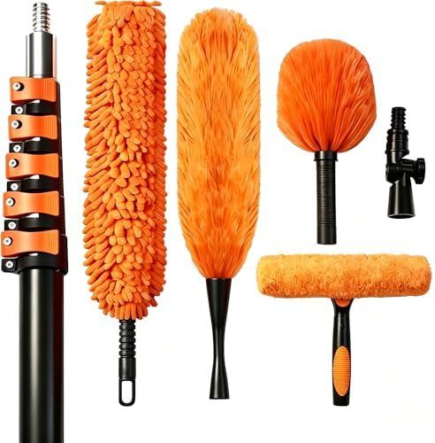 30FT High Reach Duster Kits with Dual Action Flip-Lock & Screw Fixing Design, 5-24FT Extension Pole, Cobweb Duster, Washable Ceiling Fan Cleaner & Window Squeegee for Glass & High Roof by Unknown