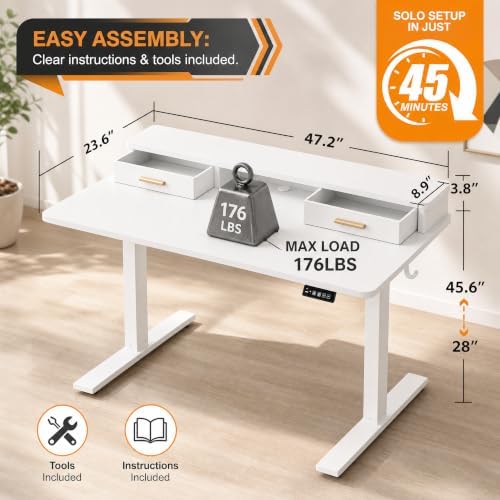 Grandder Electric Standing Desk with Two Drawers, Sit to Stand Up Height Adjustable Desk with Storage Shelf for Home Office, 47 * 24 Inch, Study, Ergonomic Adjustable Computer Desk, White - Image 2