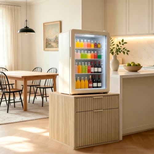 Mini Fridge Stand with Storage, Fluted Mini Fridge Cabinet with 2 Drawers, Wood Refrigerator Table Stand for College Dorm Room, Home Office & Bedroom, Light Oak, 22.4" W by Unknown