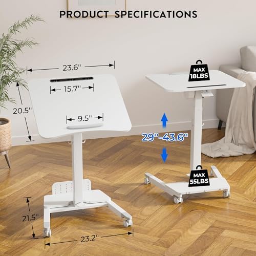 BONTEC Mobile Standing Desk, Adjustable Height, 23.6 x 20.5 Inch, White - Image 2