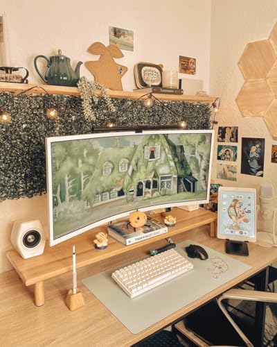 Bamboo Dual Monitor Stand Riser, Natural Desktop Shelf with Storage - Image 3
