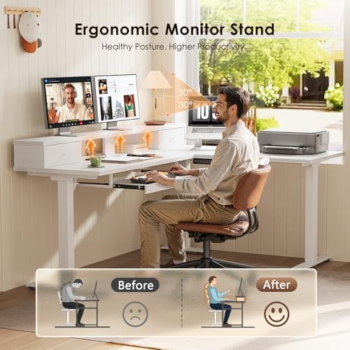 OffiGo 59 Inch L Shaped Electric Standing Desk with Drawers, White - Image 4