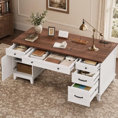 60" Farmhouse Executive Desk with File Drawers, Rustic White by SLEKVERSA