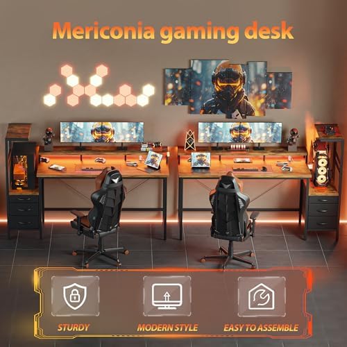 Mericonia 68 inch Gaming Desk with Drawers, Reversible Computer Desk, Brown - Image 3
